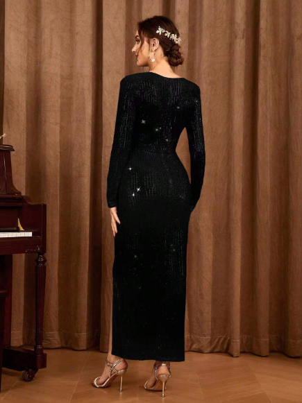 Surplice Neck Split Thigh Sequin Bodycon Dress