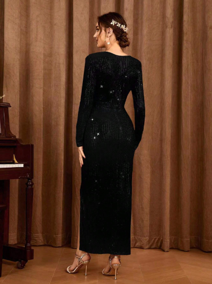 Surplice Neck Split Thigh Sequin Bodycon Dress