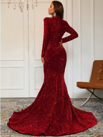 Mock Neck Mesh Panel Sequin Prom Dress