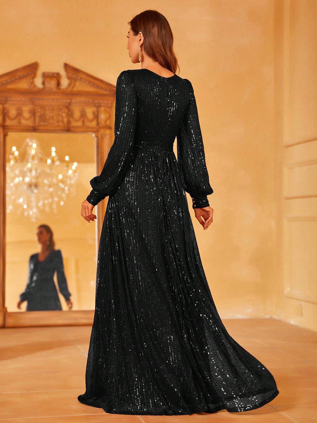 Surplice Neck Lantern Sleeve Sequin Party Dress