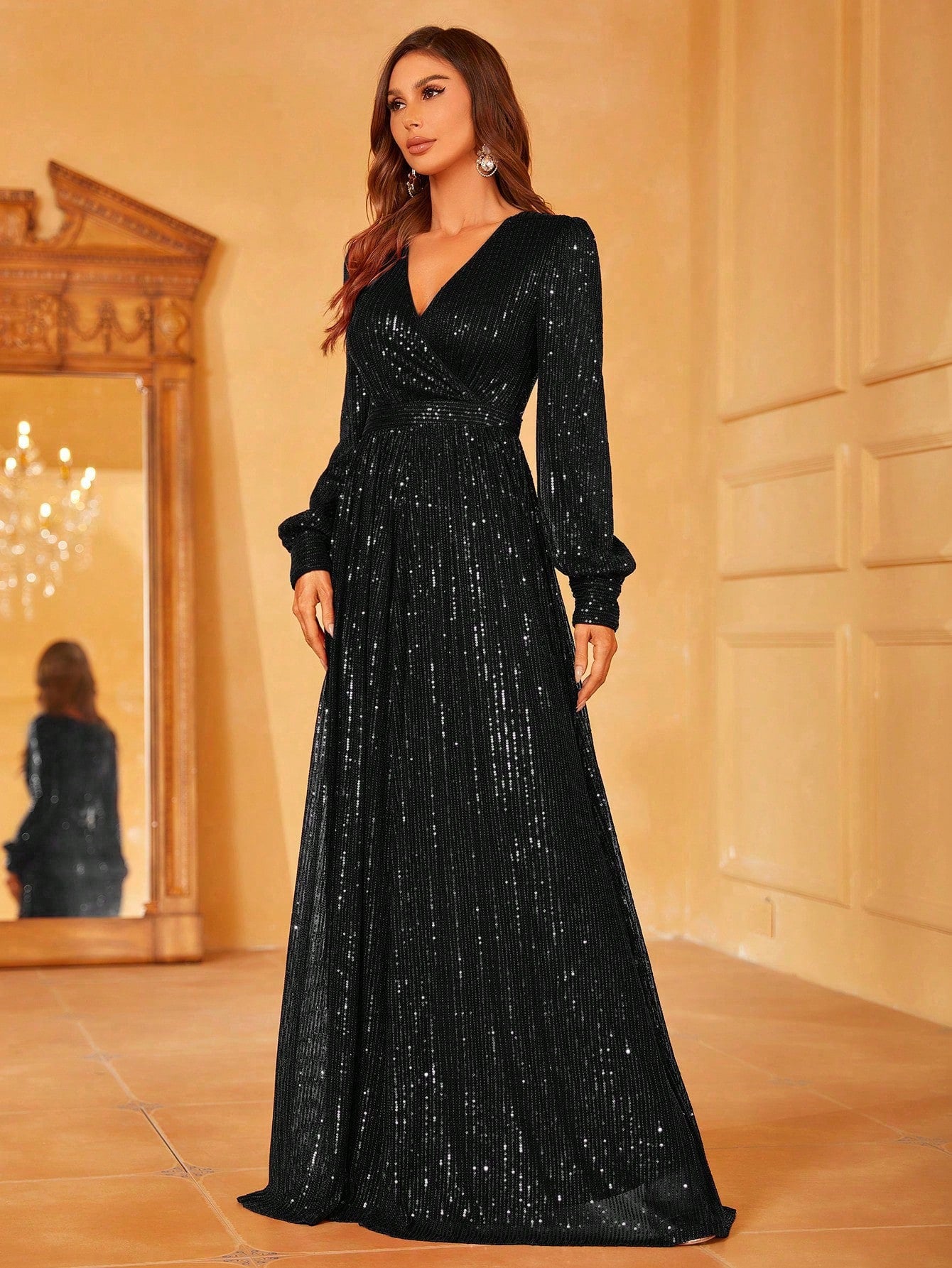 Surplice Neck Lantern Sleeve Sequin Party Dress