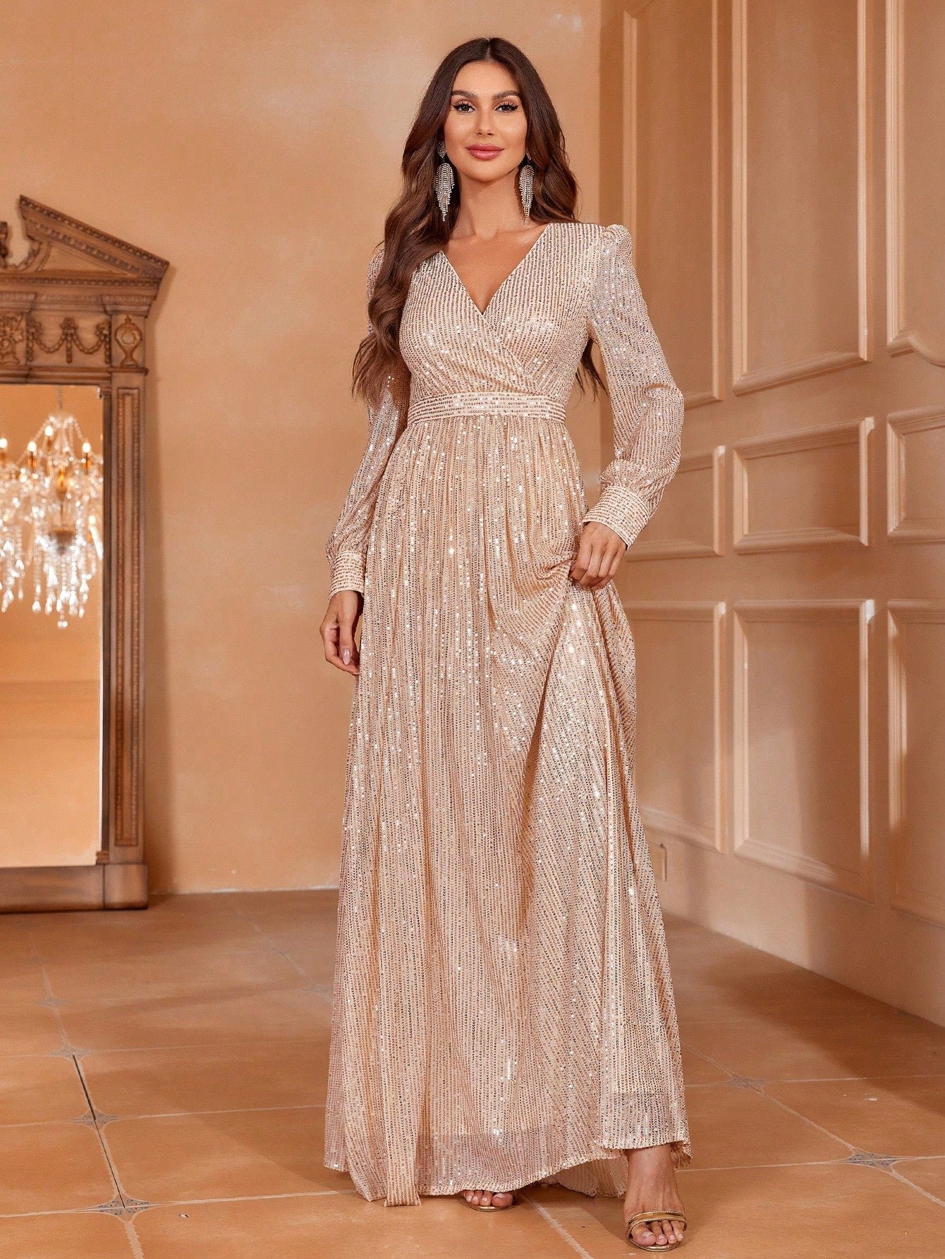 Surplice Neck Lantern Sleeve Sequin Party Dress