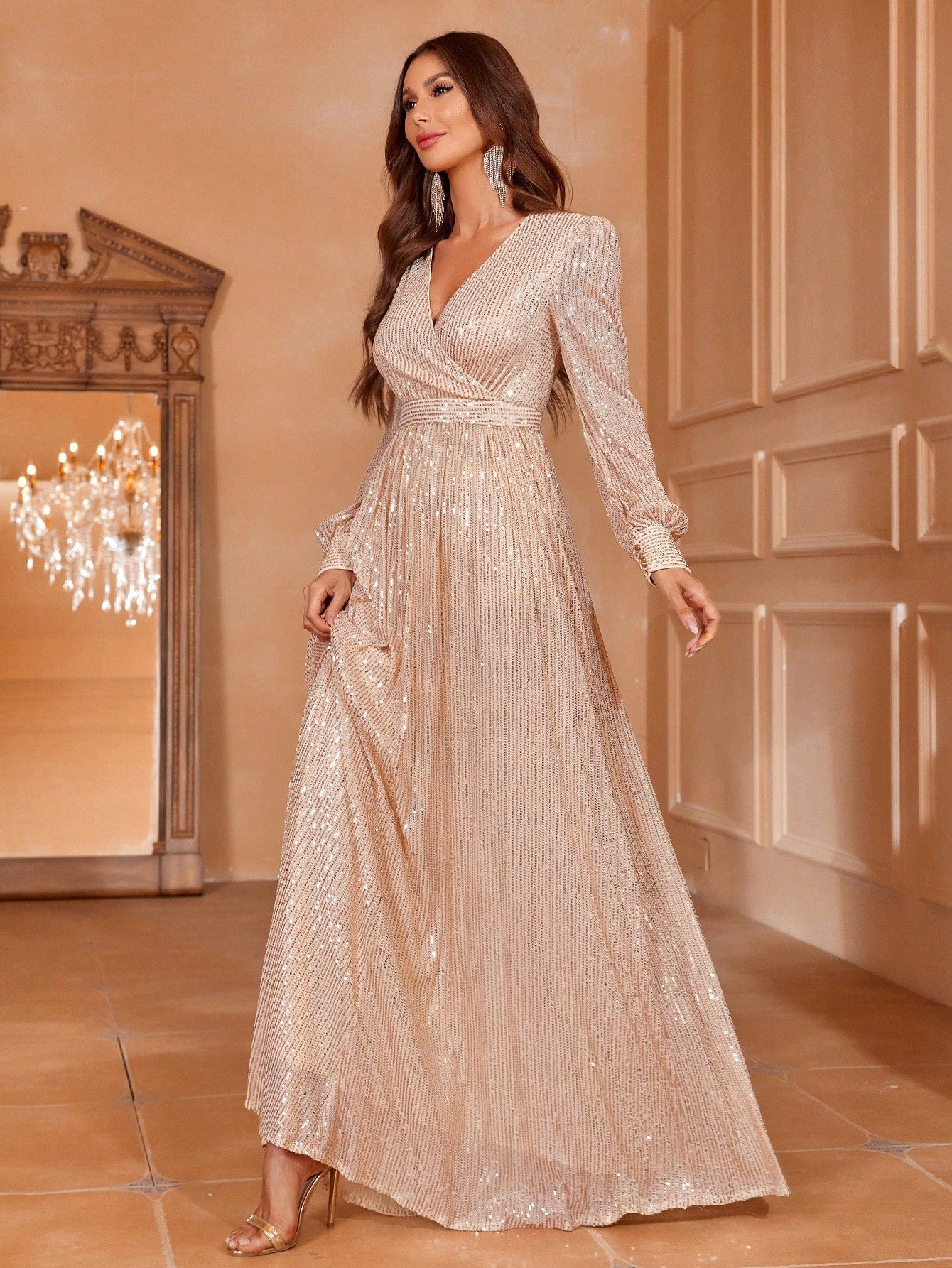 gold sequin dress shein Gold Sequin Backless Maxi Evening Dress With Halter Neck, Elegant Formal Prom Gown, For Wedding Guest, Graduation, Dinner Party Dress Spring