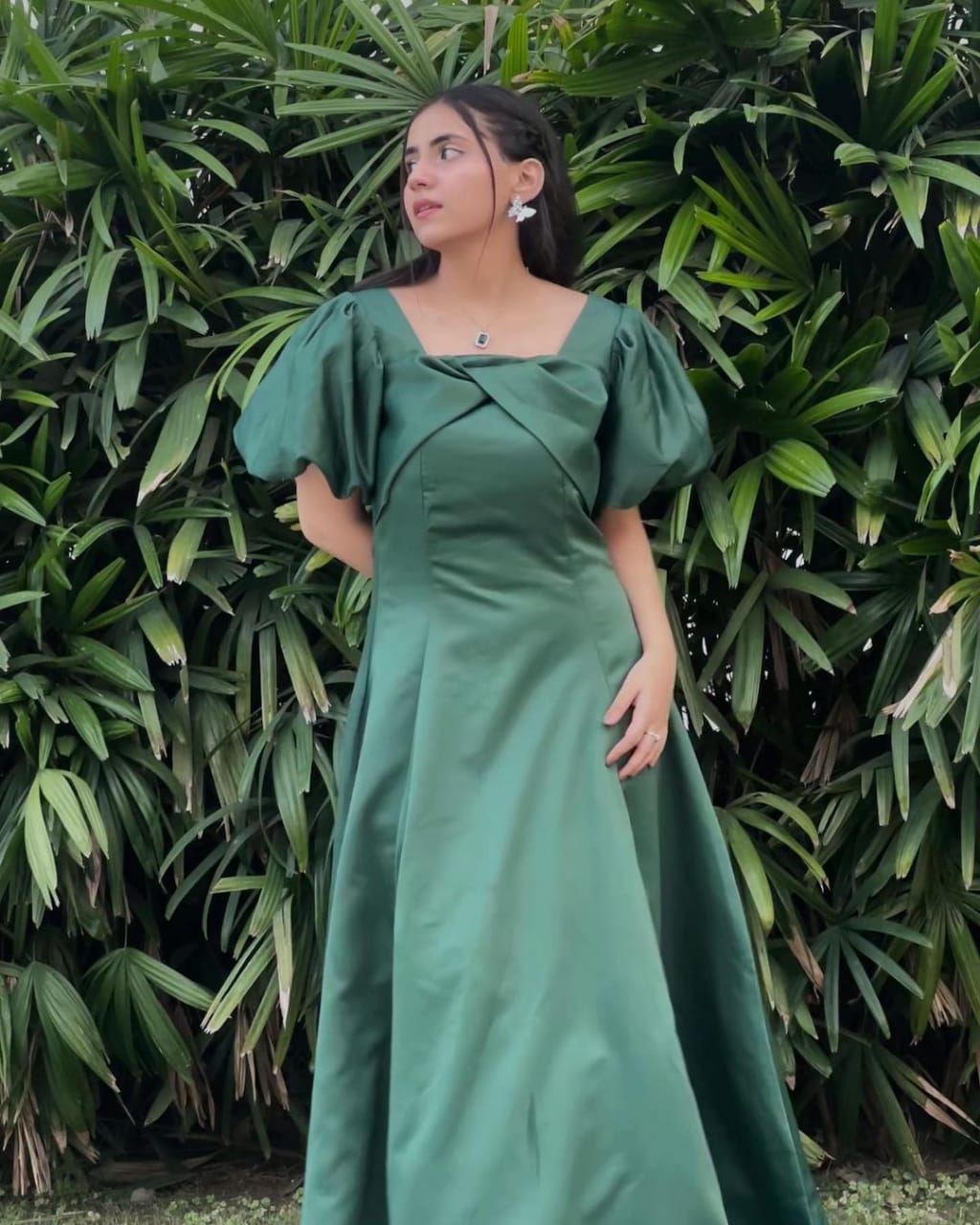 Elegance and Grace Emerald A-line Puff Sleeve Gown