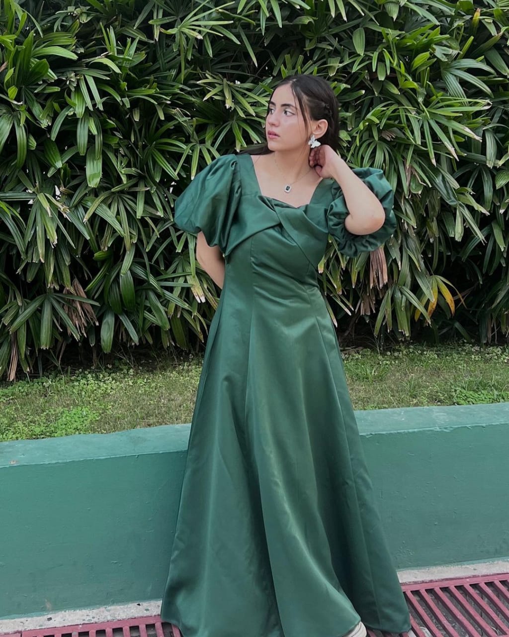 Elegance and Grace Emerald A-line Puff Sleeve Gown