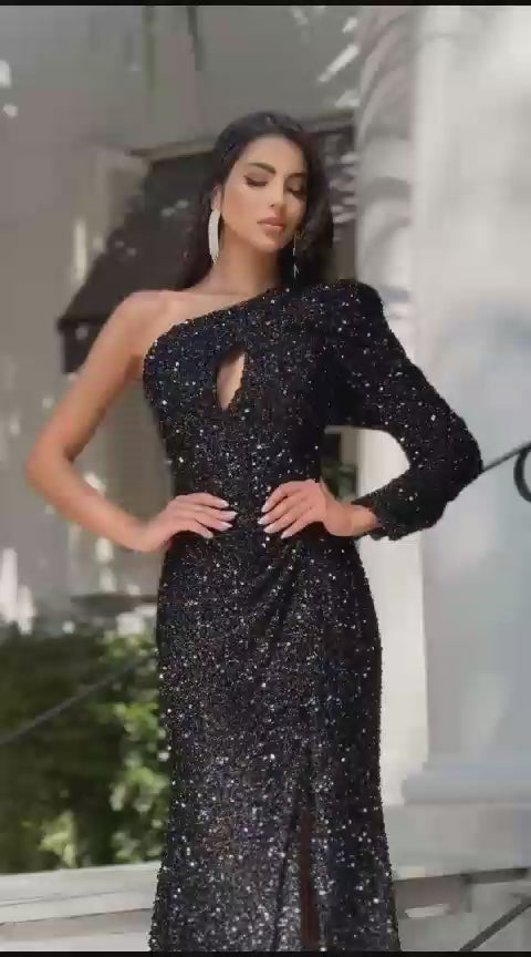 One Shoulder Split Thigh Sequin Formal Dress